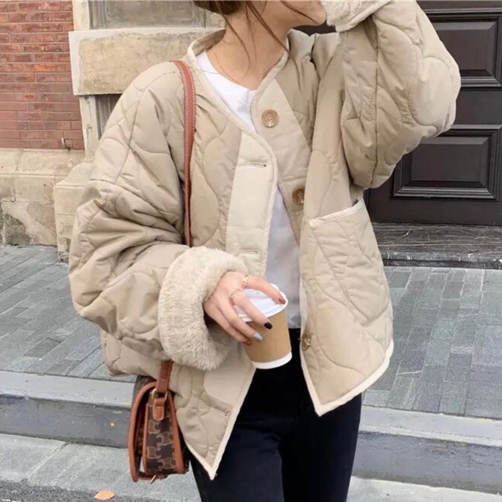 Coat jacket reversible cozy khaki beige tan pocket quilted puffer pocket women - Picture 2 of 15